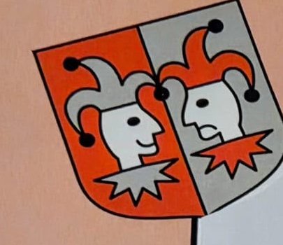 Wappen des Theatervereins - zwei Faschingsnarren auf geteiltem Schild